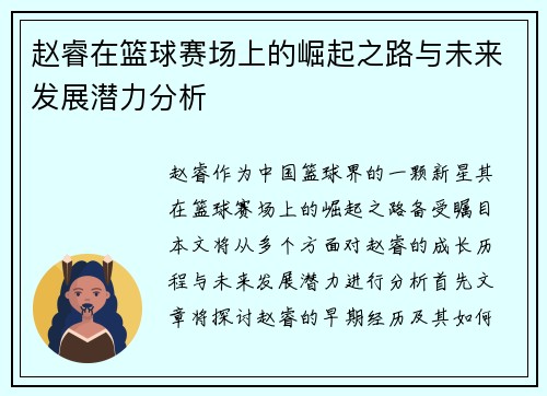 赵睿在篮球赛场上的崛起之路与未来发展潜力分析